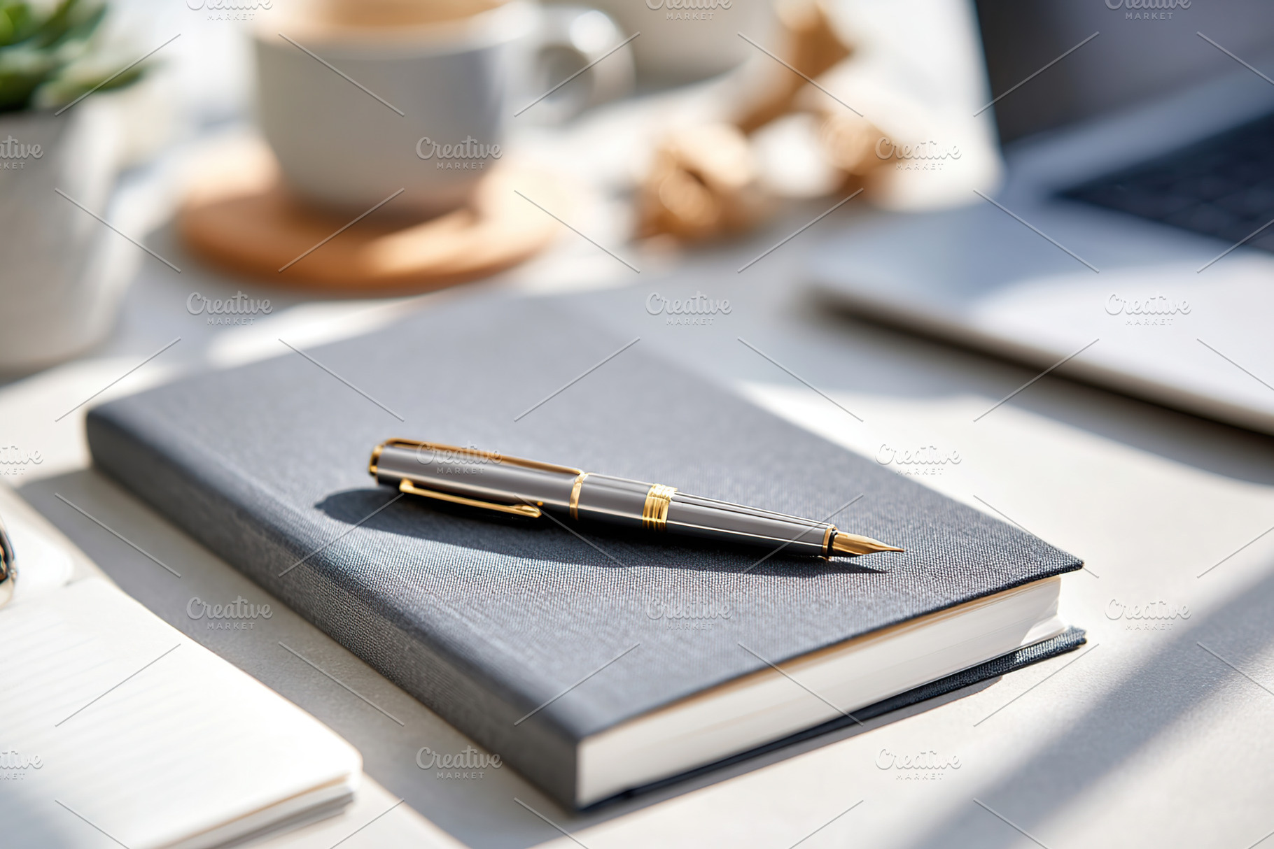 Elegant writing tools on a modern workspace with coffee and technology, a Photo by AlyaAnd
