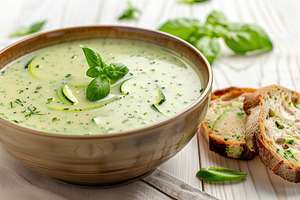Zucchini cream soup puree in bowl and bread on wooden background, a Food & Drink Photo by AlyaAnd