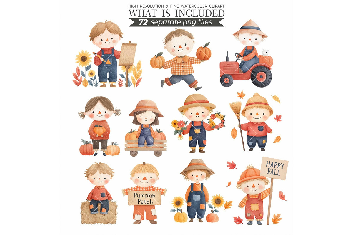 Watercolor Scarecrow Clipart Fall, an Illustration by CharmClipart (Photo 5 of 9)