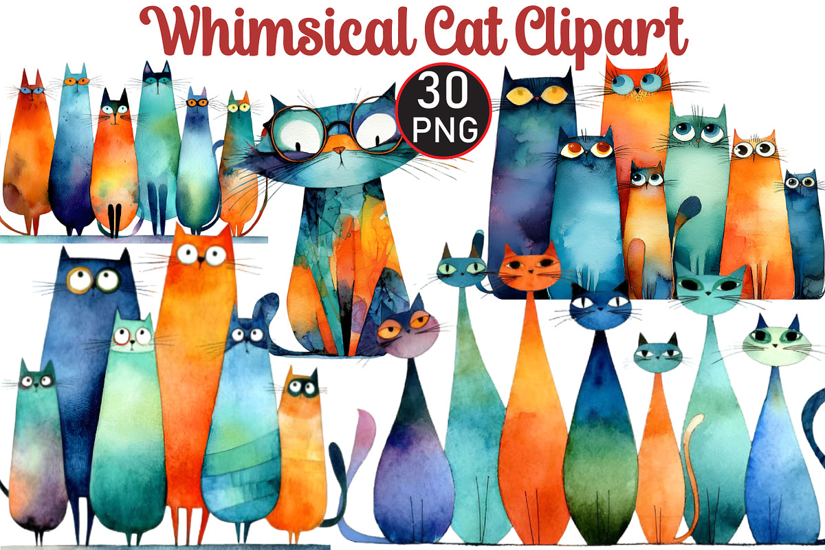Whimsical Cat Clipart, an Illustration by Black Bird Studio (Photo 1 of 6)