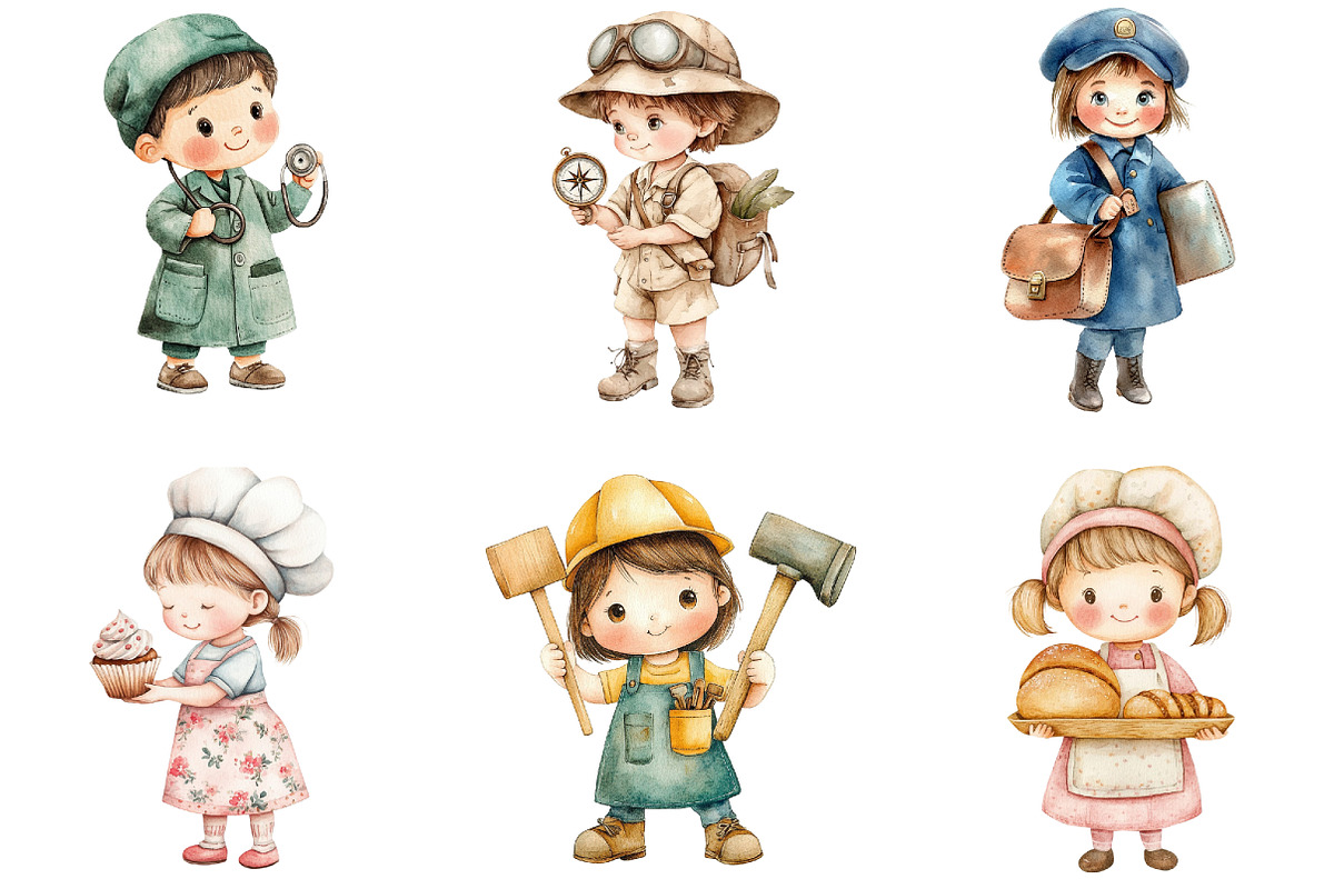 Watercolor Kids Career Clipart, a Seasonal Illustration by designcity5 (Photo 2 of 5)