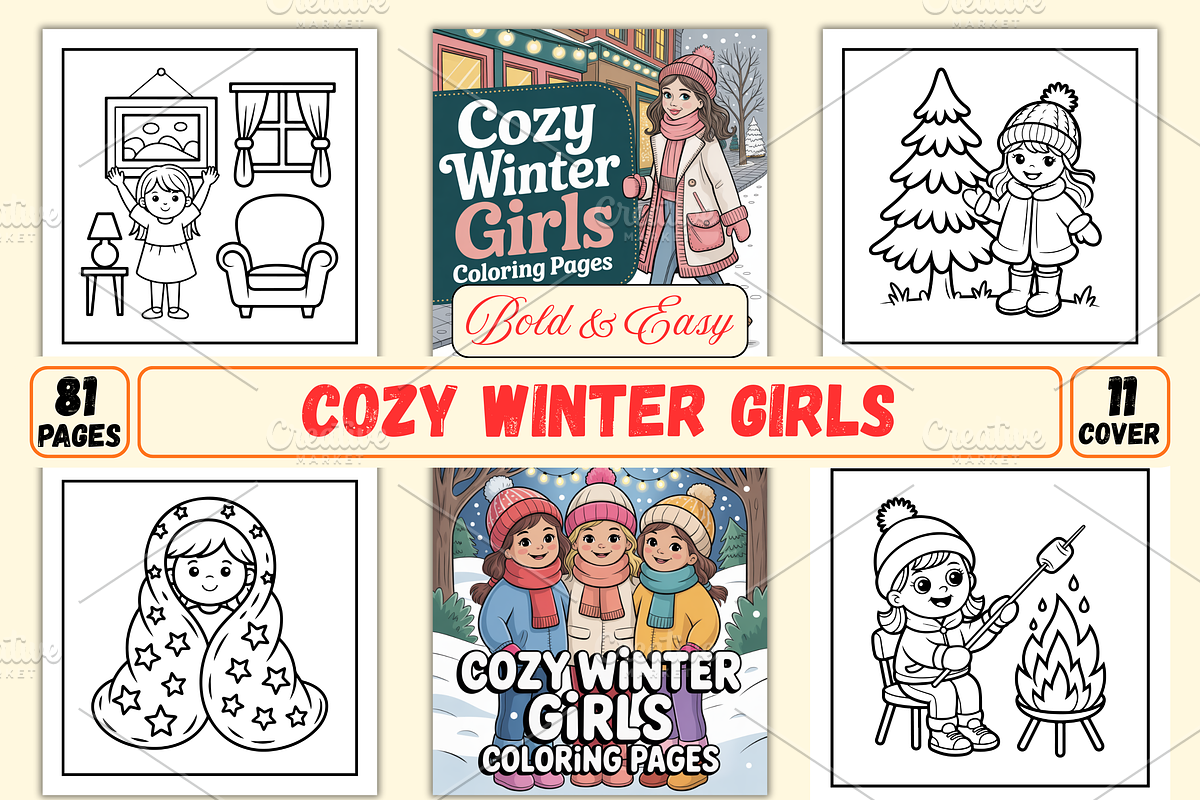 Cozy Winter Girls Coloring Pages, a Seasonal Illustration by Ink Gallery