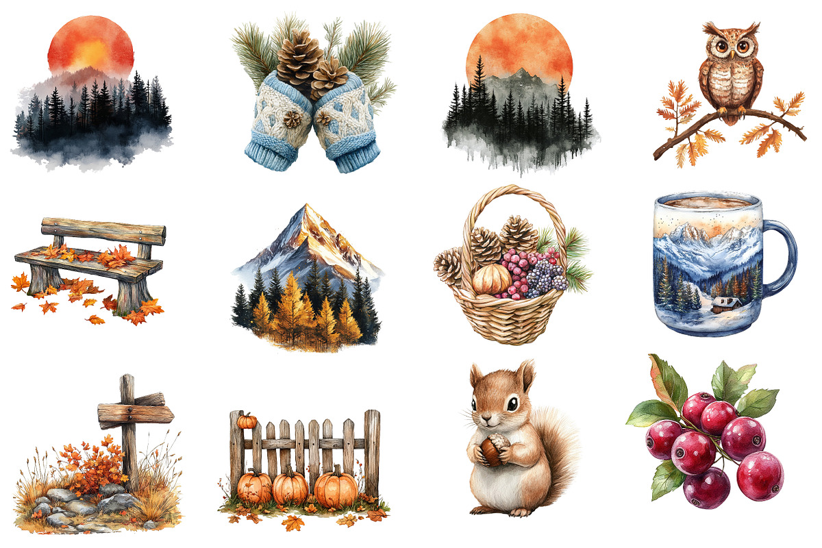 Watercolor Alpine Autumn Clipart, an Illustration by Designworld (Photo 2 of 5)