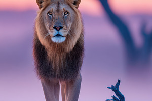 Majestic Lion in a Starry Desert Landscape, an Animal Photo by AlyaAnd