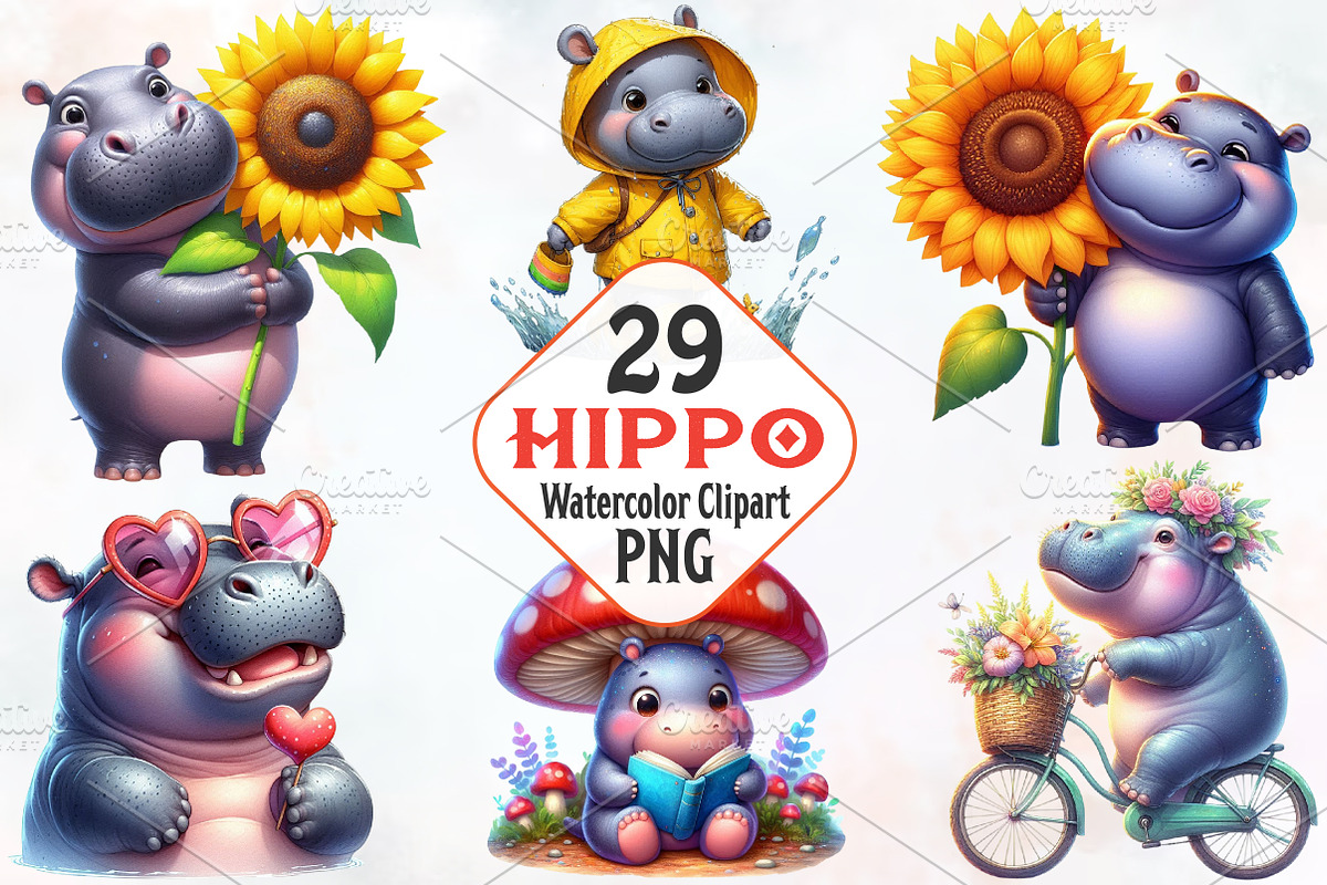 Hippo Watercolor Clipart, an Illustration by RobertsArt (Photo 1 of 8)