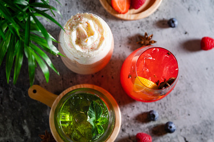 Three cold fruit, coffee and milk, a Food & Drink Photo by Edalin's Store
