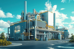 A modern industrial facility with large metal structures, pipes, and smokestack, an Industrial Photo by Textures & Backgrounds