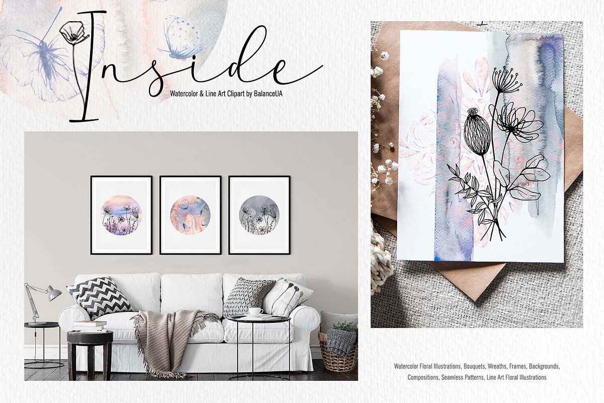 Inside Watercolor Floral Clipart, a Decorative Illustration by BalanceUA (Photo 11 of 19)