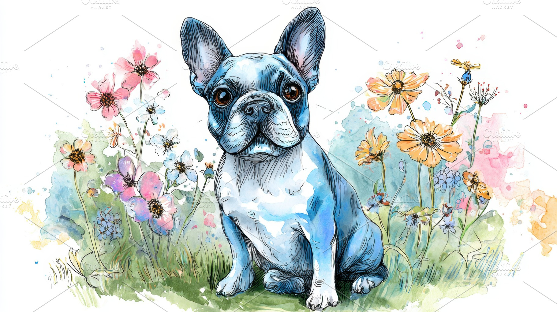 French bulldog surrounded by flowers, a Photo by Beautiful things