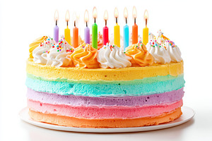 Colorful birthday cake with candles, a Food & Drink Photo by AlyaAnd