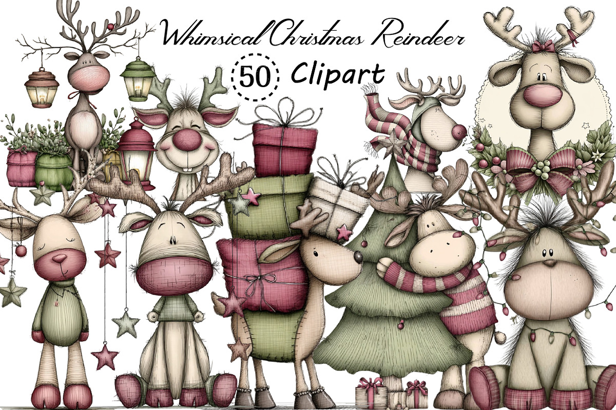 Whimsical Christmas Reindeer Clipart, an Illustration by Creative Art (Photo 1 of 13)