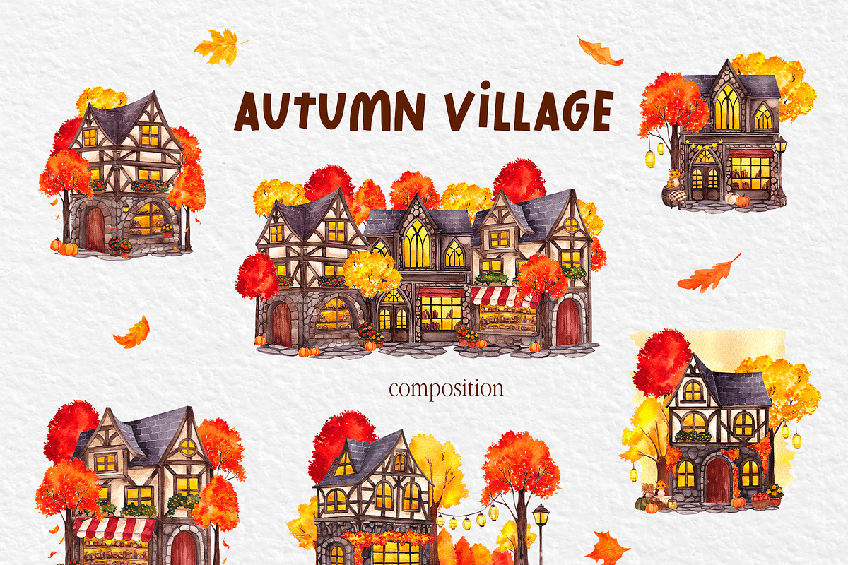 Autumn Village. Hand draw watercolor, an Object Illustration by ma_i_vi (Photo 3 of 9)