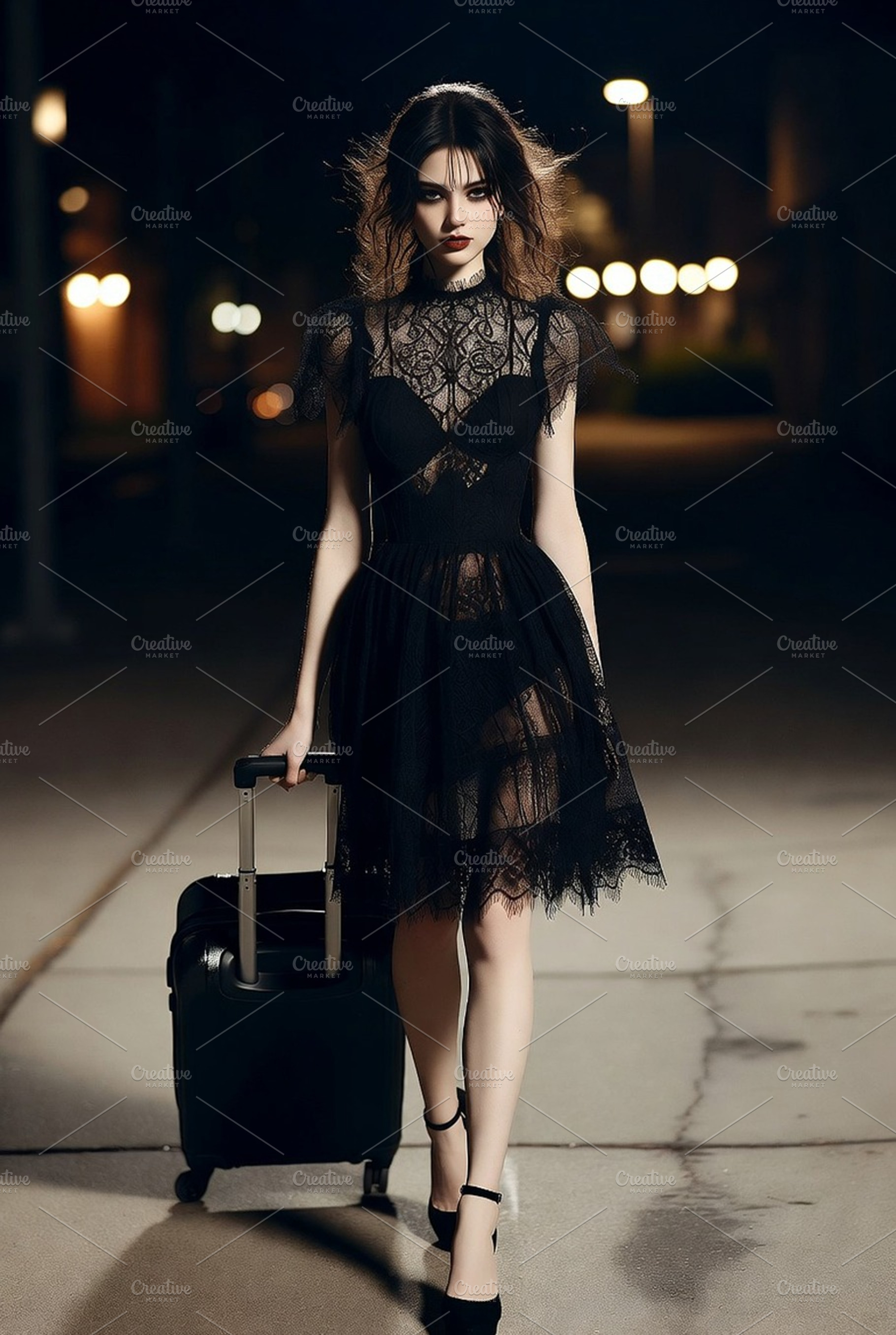 beautiful young goth woman walks on sideway in city center with, a Photo by WorldOfPhotos