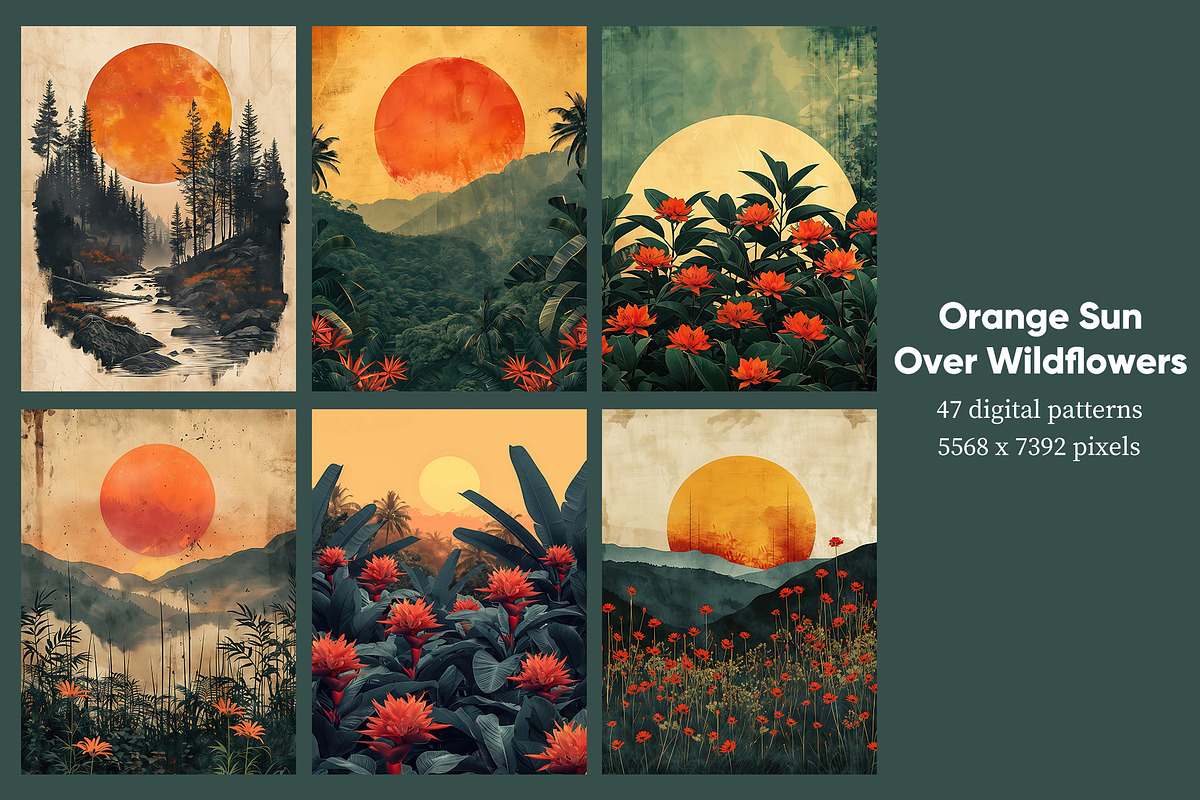 Orange Sun Over Wildflowers, a Decorative Illustration by Housui Patterns (Photo 4 of 8)