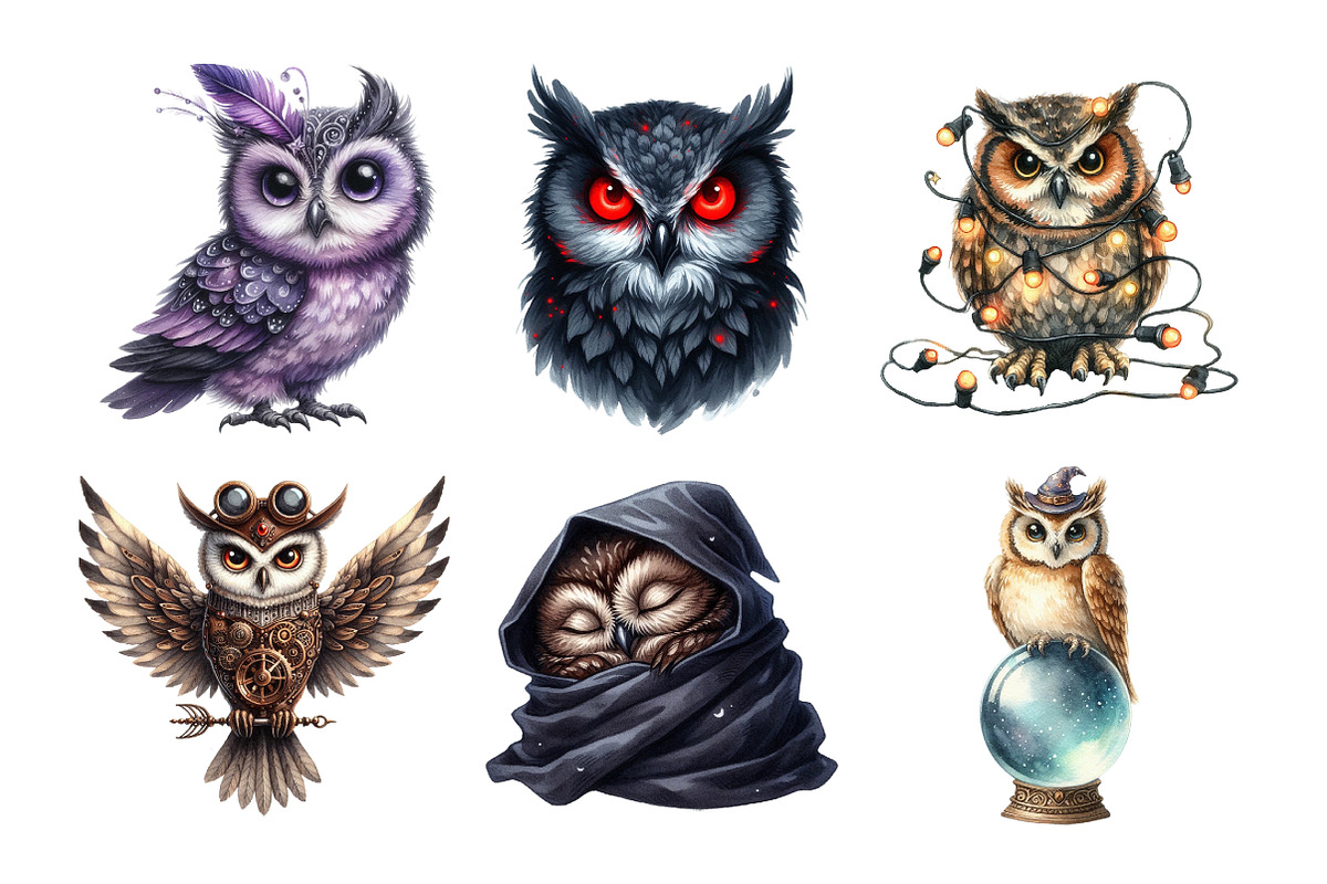 Watercolor Spooky Owls Clipart, an Illustration by Daily.Designs (Photo 5 of 5)
