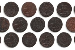 Collection of old dark copper 2 kopeck coins 1757-1762 Russian Empire Elizabeth, an Arts & Entertainment Photo by Textures & Backgrounds