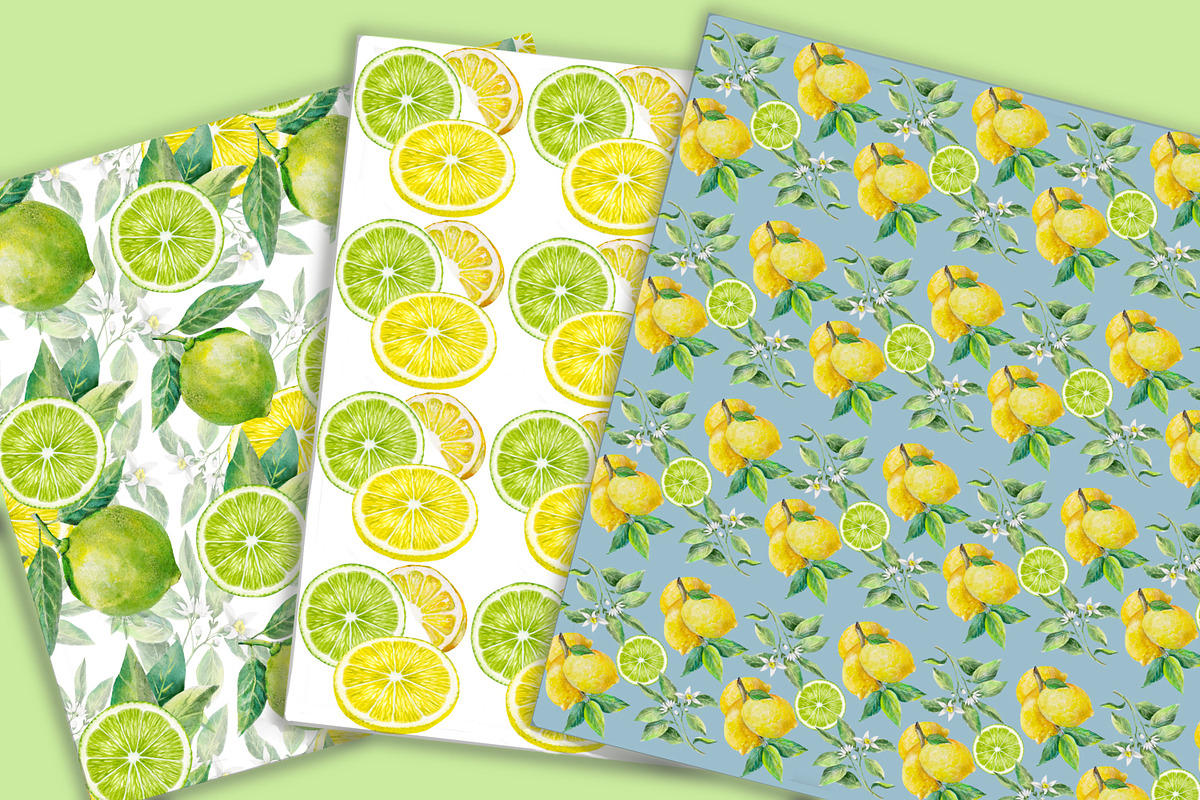Lemons and limes Digital Paper Pack, a Pattern Graphic by AkvarelRiver (Photo 2 of 5)