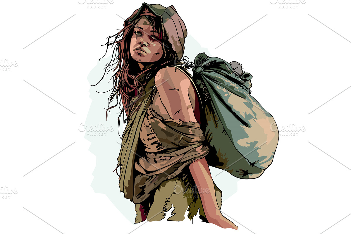 Young female wanderer carrying sack, an Illustration by Vectorstockersland