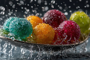 Colorful candy spheres on a spoon wa, a Photo by Pixeness Studio