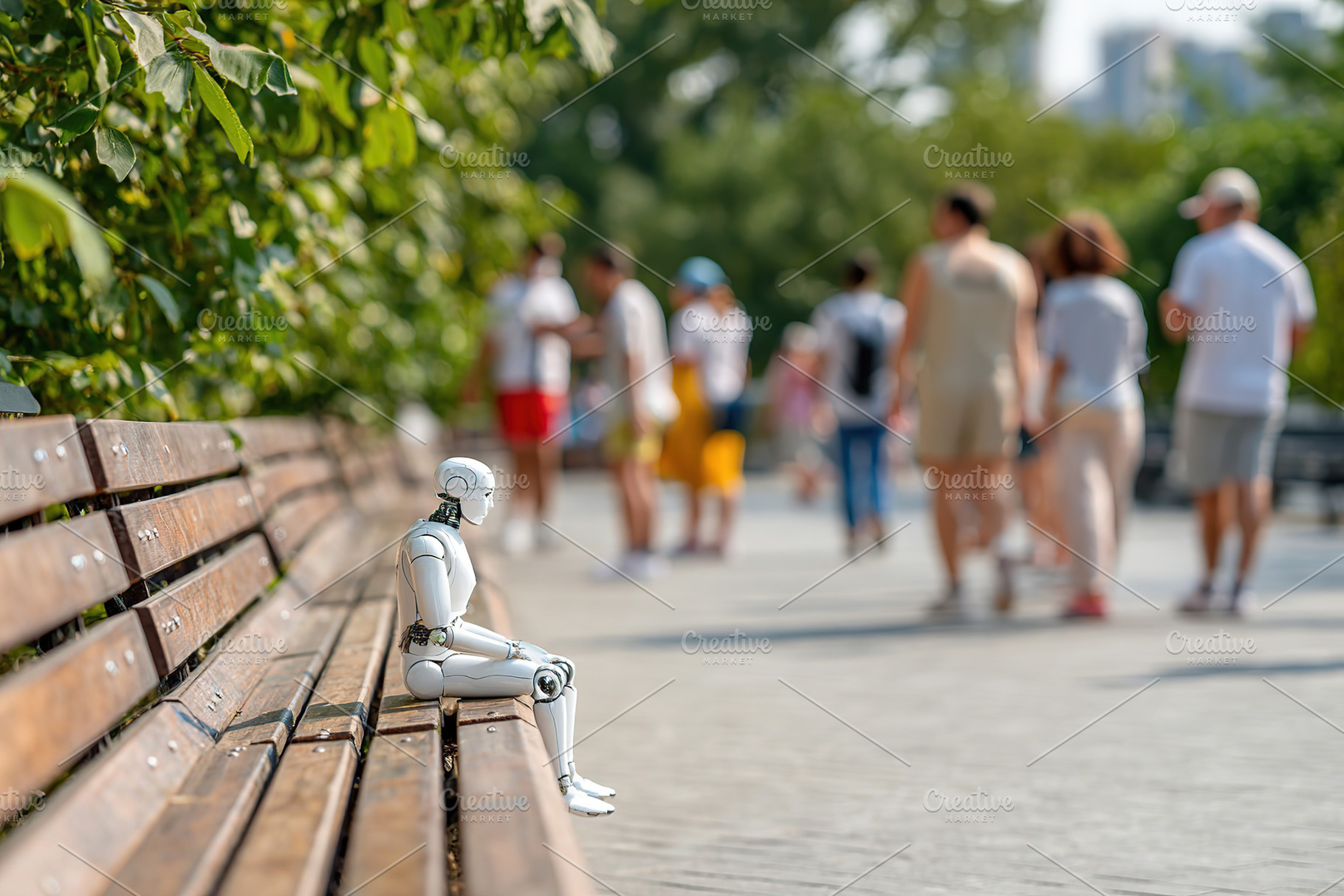Humanoid figure sits on a bench while people walk by in a vibrant park setting, a Photo by AlyaAnd