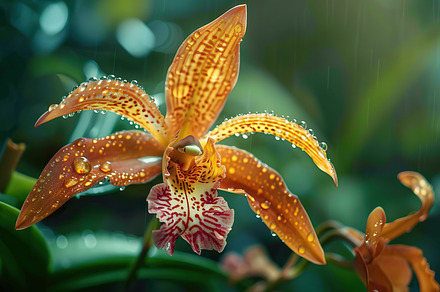 Dew-Kissed Orchid in Lush Greenery., a Photo by LOGOCREATIVE