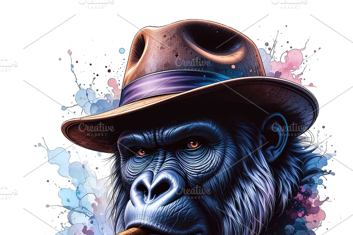 A gorilla wearing a hat and smoking., an Animal Illustration by yod67