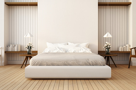 Loft and modern bedroom in white, an Architecture Photo by TONTECTONIX