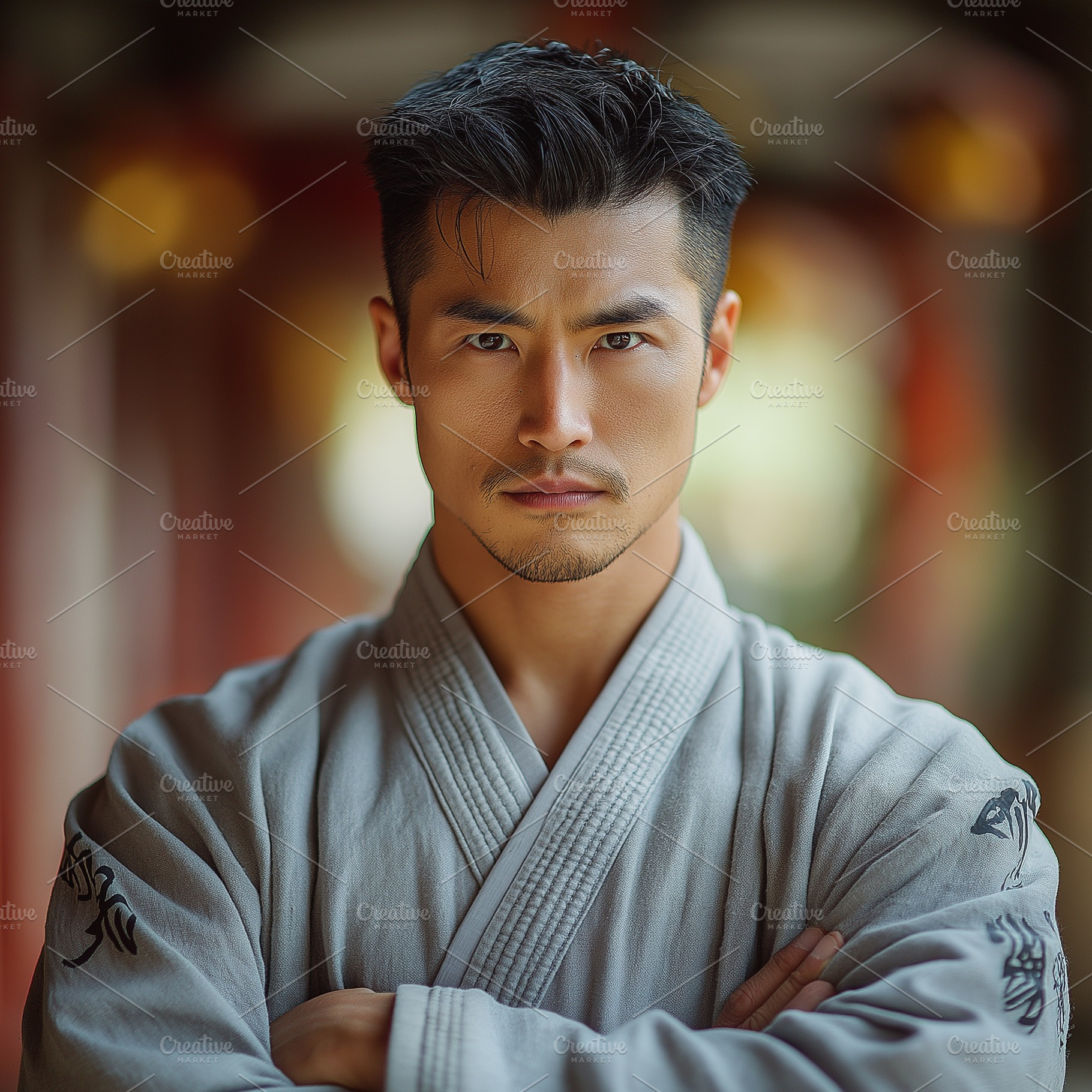 A focused Asian male in a traditional gray robe stands confidently, arms crosse, a Background Photo by ImageMir