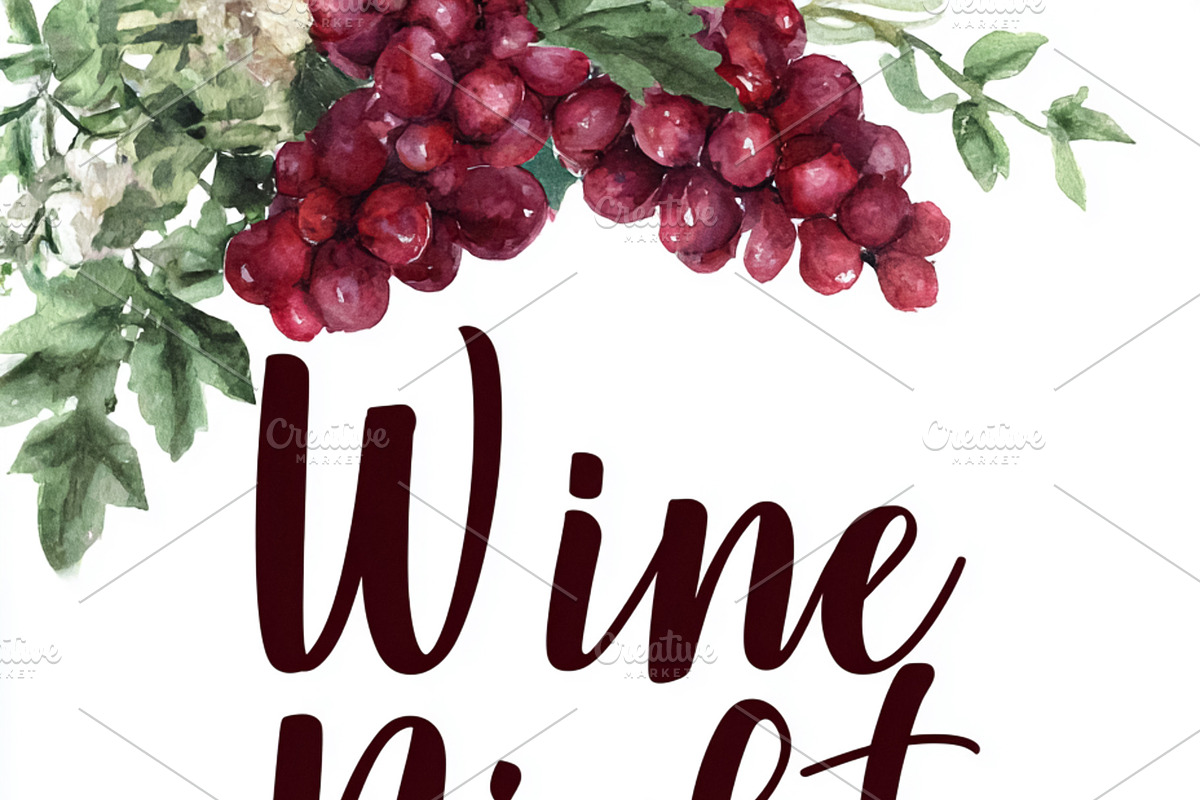 Wine Night event poster with watercolor grapes and two glasses o, an Illustration by Studio ANNA