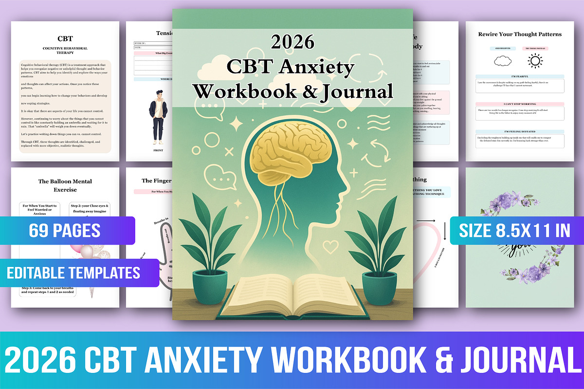 2026 CBT Anxiety Workbook & Journal, a Stationery Template by Designmela01 (Photo 1 of 6)