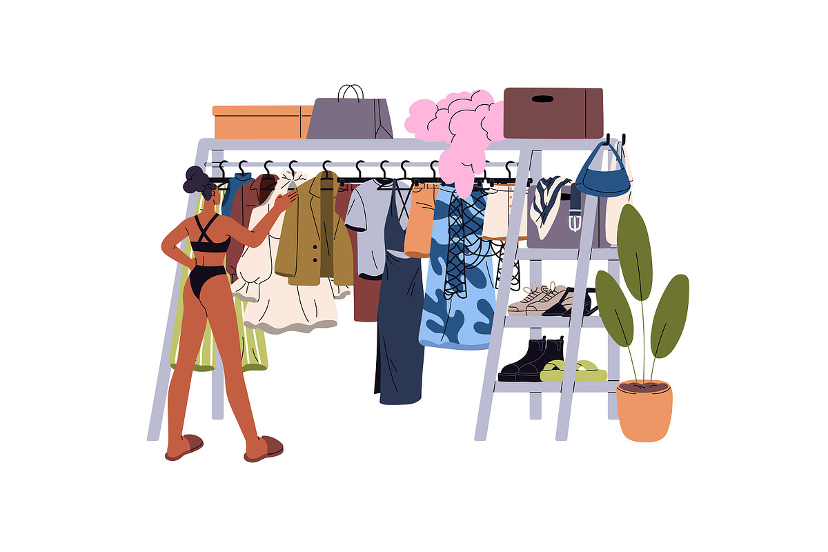 People choose clothes on hanger rack, a Person Illustration by PaperTrident (Photo 5 of 7)