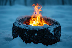 Fire in a snowy landscape inside a t, a Photo by Tanuart