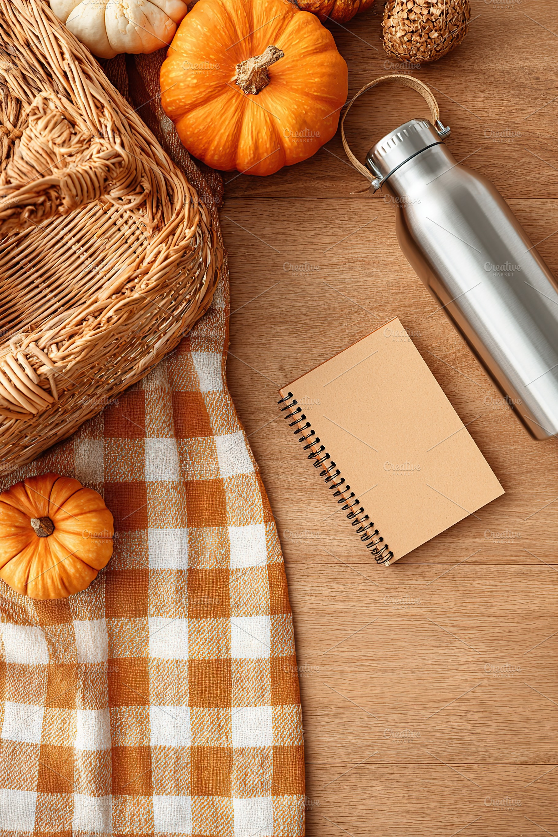 Fall picnic setup with plaid blanket, seasonal fruits, and a cozy atmosphere, a Holiday Photo by AlyaAnd