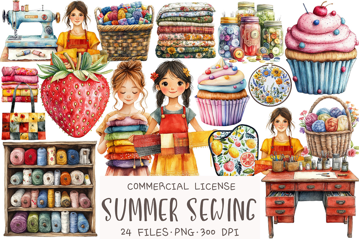 Watercolor Summer Sewing Clipart, an Illustration by OK Design (Photo 1 of 5)