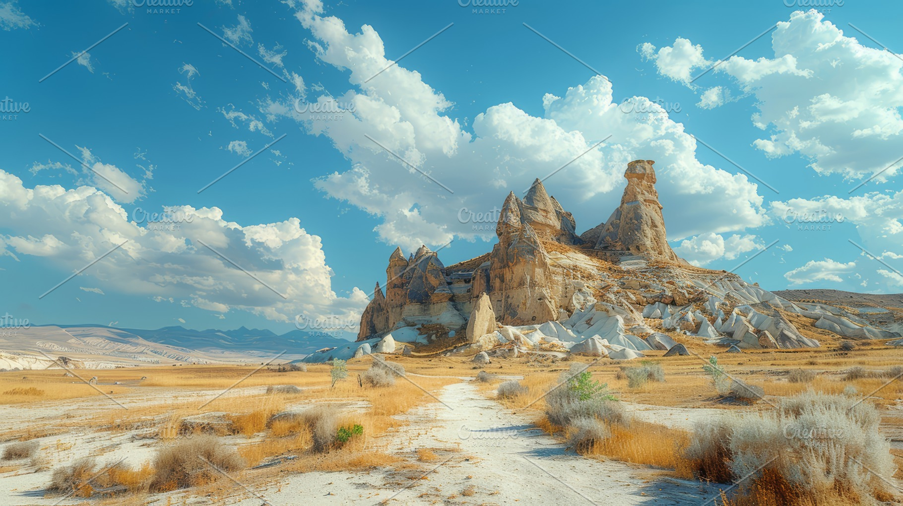 Majestic Sandstone Formations Under a Blue Sky with Fluffy Clouds, a Photo by AS photostudio