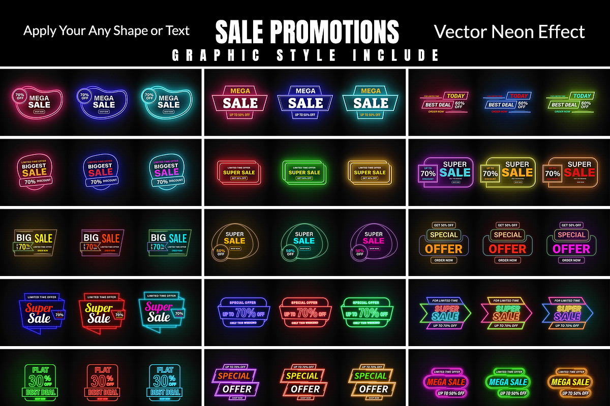 Sale Promotions Vector Neon Bundle, a Decorative Illustration by Photoshop Action (Photo 1 of 15)