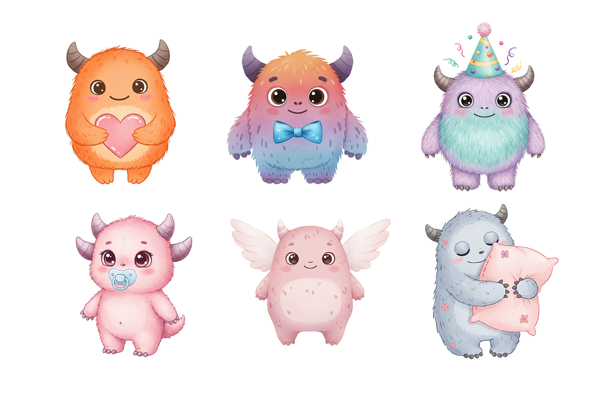 Watercolor Cute Monsters Clipart, a Decorative Illustration by BerryPieArt (Photo 2 of 4)