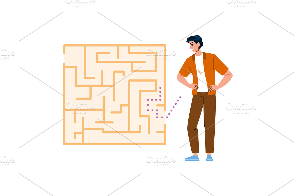 Young man solving maze puzzle, a Person Illustration by pikepicture