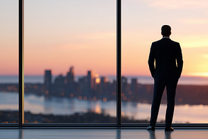 Elegant businessman standing by, a Business Photo by MistyDay