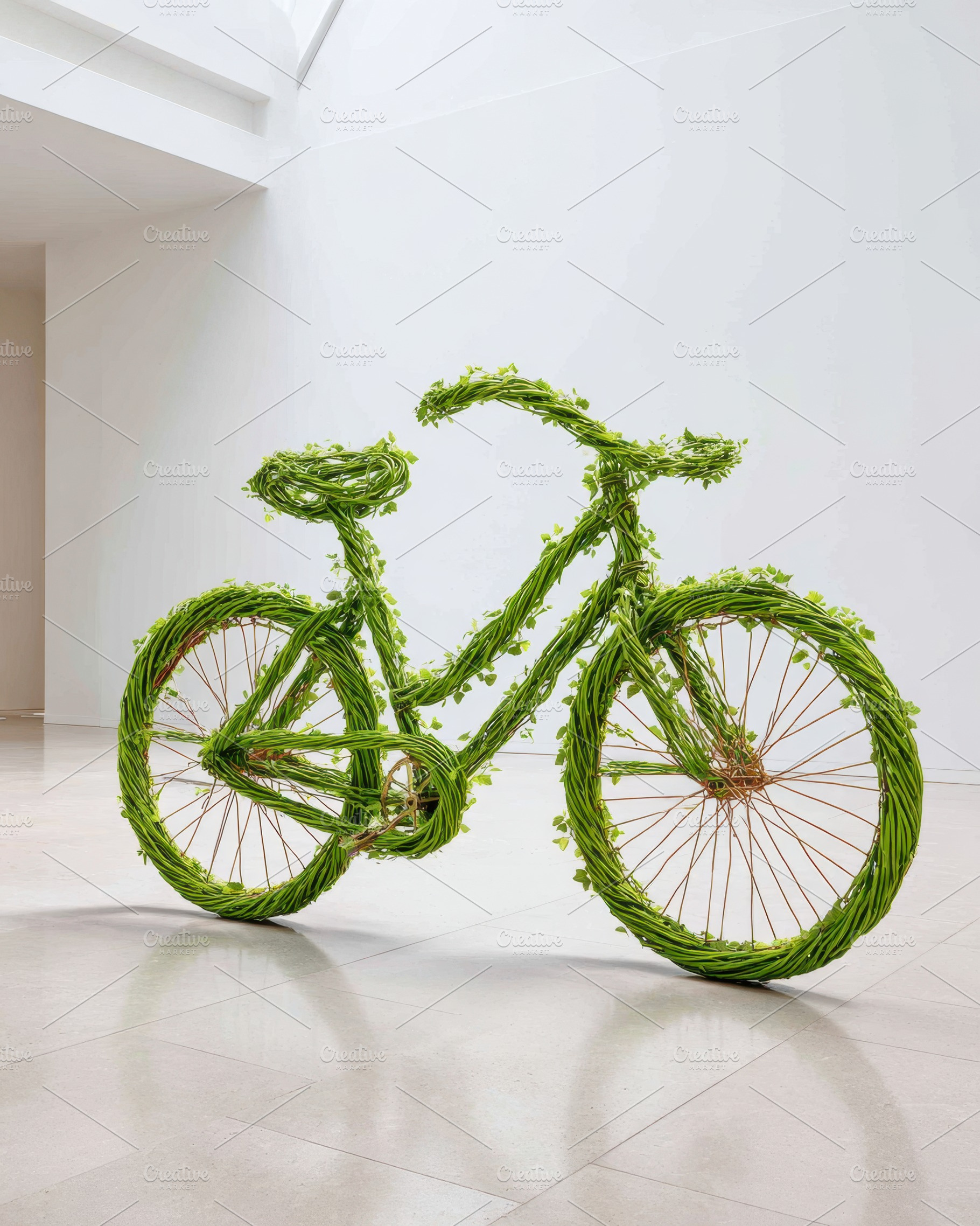 Artistic bicycle made of green vines and leaves, a Transportation Photo by AlyaAnd