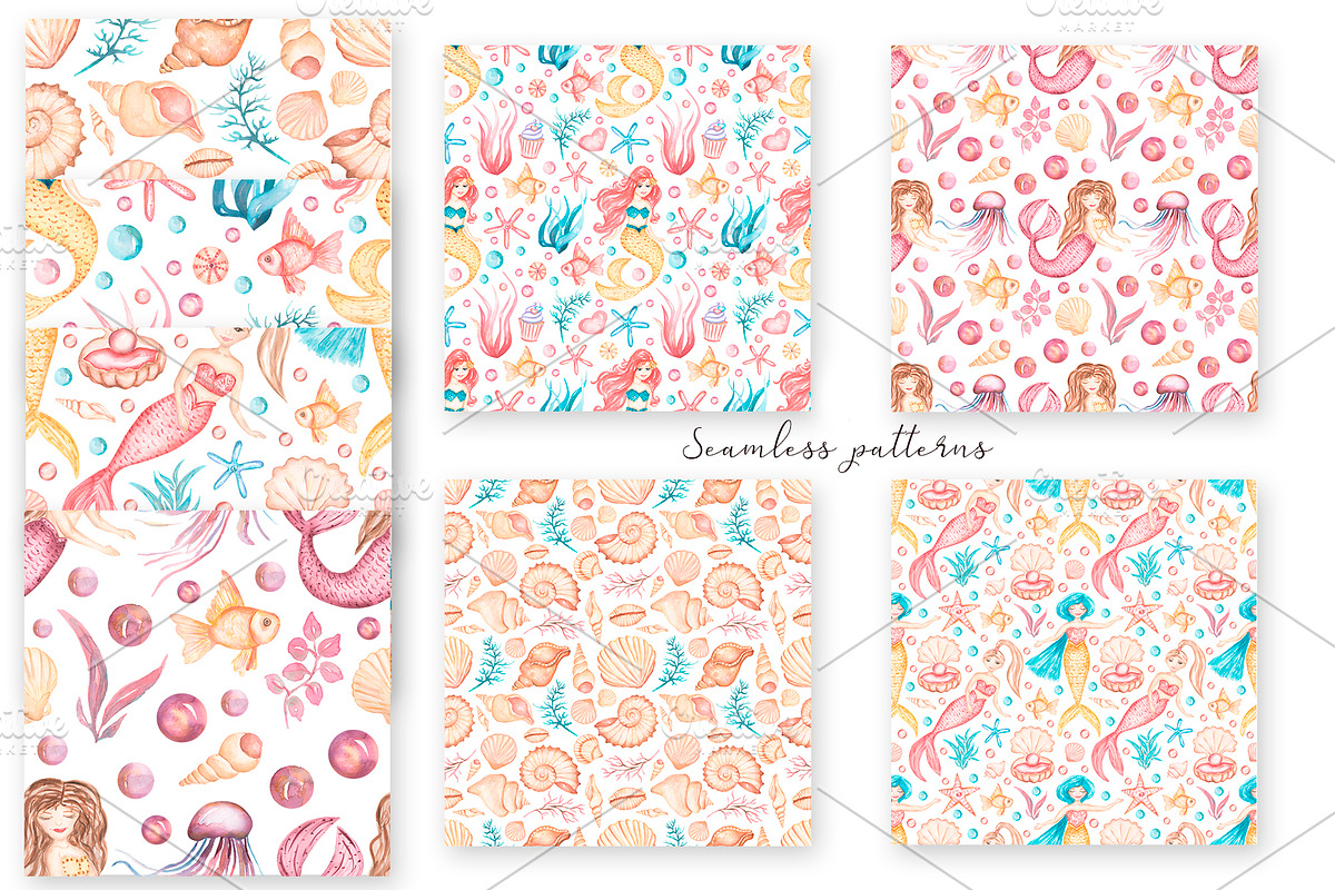 Watercolor Mermaid Collection, an Animal Illustration by MayaNavits (Photo 7 of 15)