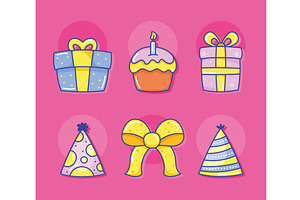 six birthday party icons, an Illustration by studiogstock