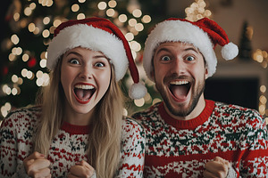 Emotional young couple in christmas sweaters and santa hat sitting on blurred f, a Holiday Photo by AlyaAnd
