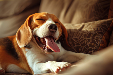 Cozy Beagle Enjoying a Relaxing Yawn on a Comfy Sofa - Generativ, an Animal Photo by José Manuel Gelpi