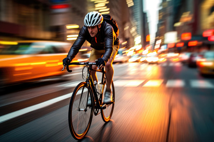 A dynamic shot of a cyclist riding through a dedicated bike lane, a Sports & Recreation Photo by designvectx