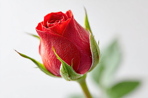 Beautiful close-up of a vibrant red rosebud with lush green leaves captured in, a Nature Photo by AlyaAnd