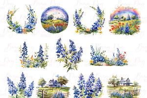 Watercolor Bluebonnets Clipart Vol 1