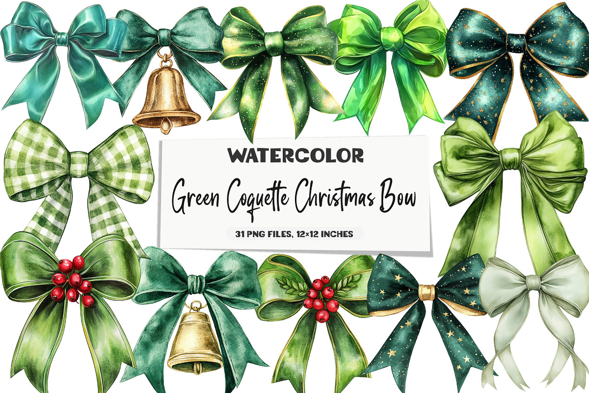 Green Coquette Christmas Bow Clipart, an Illustration by DreamArtGraphic (Photo 1 of 5)