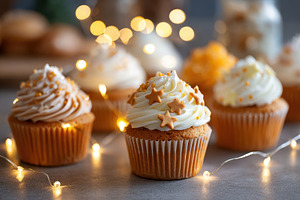 Festive cupcakes decorated for christmas holiday on blurred lights background, a Food & Drink Photo by AlyaAnd