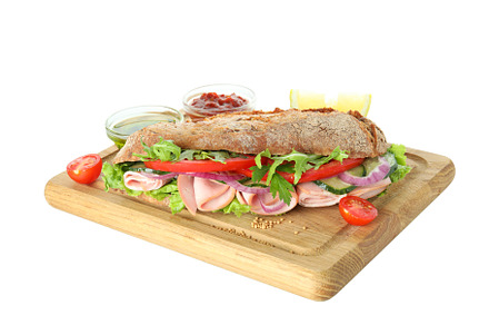 Board with ciabatta sandwich and ingredients isolated on white b, a Food & Drink Photo by AtlasStudio